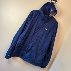 Under Armour Navy Blue Hooded Rain Jacket small hole inside see pix, adult XL